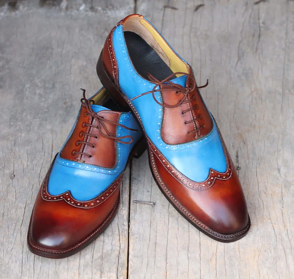 Bespoke Sky Blue&Tan Leather Wing Tip Lace Up Shoes for Men's