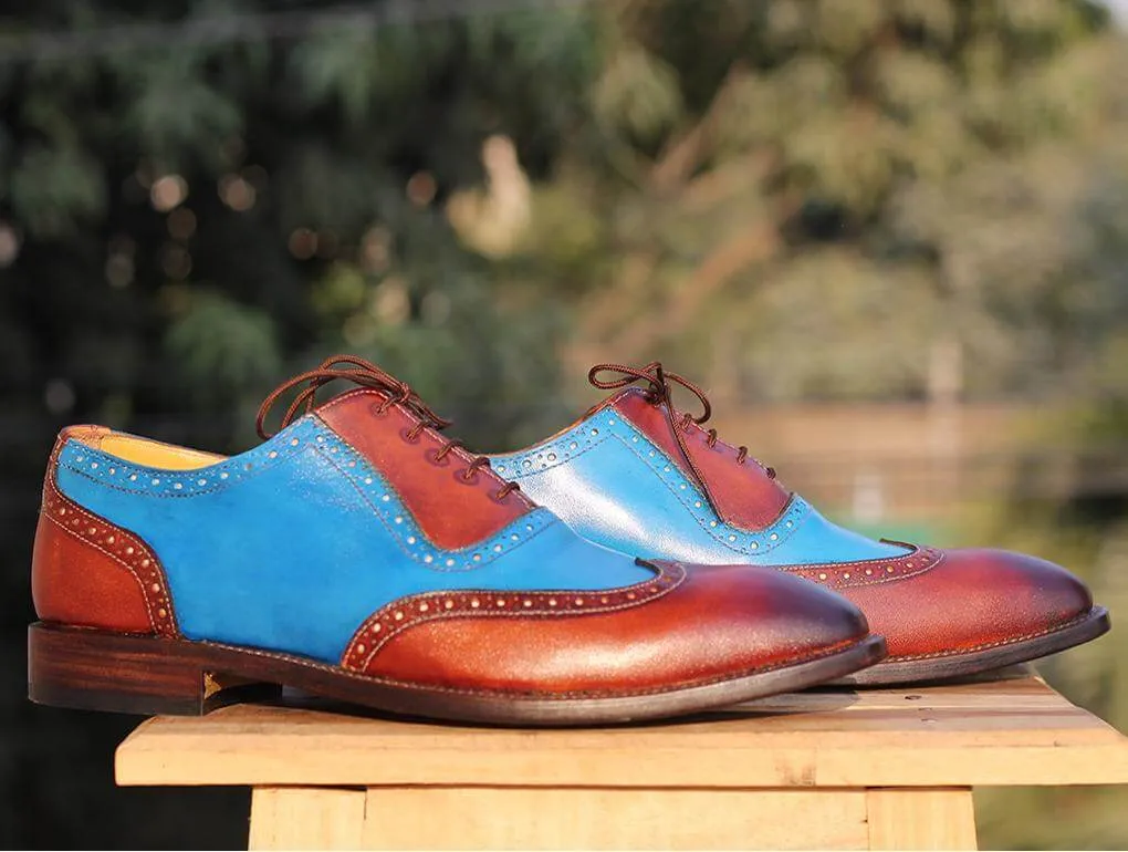 Bespoke Sky Blue&Tan Leather Wing Tip Lace Up Shoes for Men's