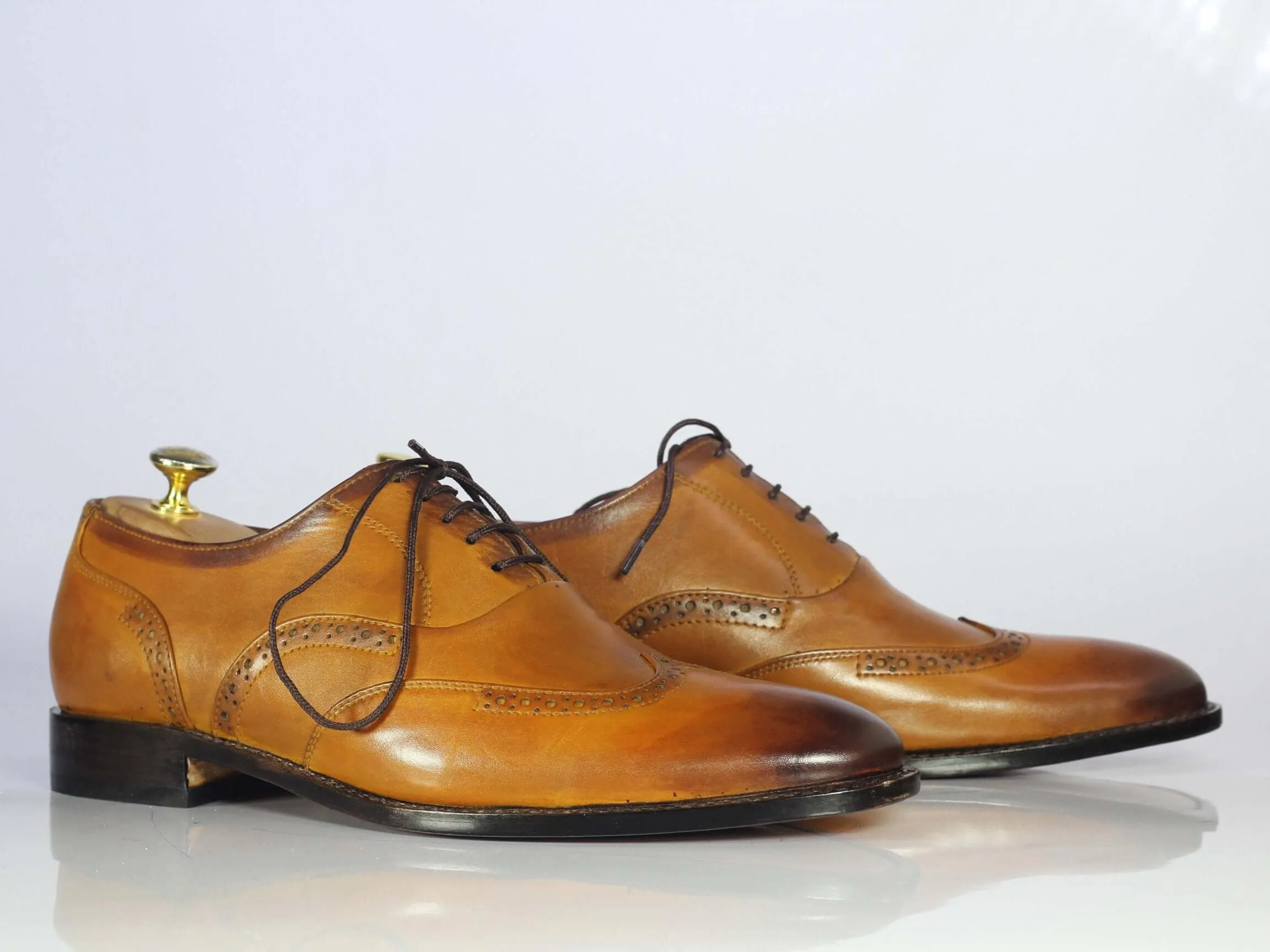 Bespoke Tan Leather Wing Tip Lace Up Shoes for Men's