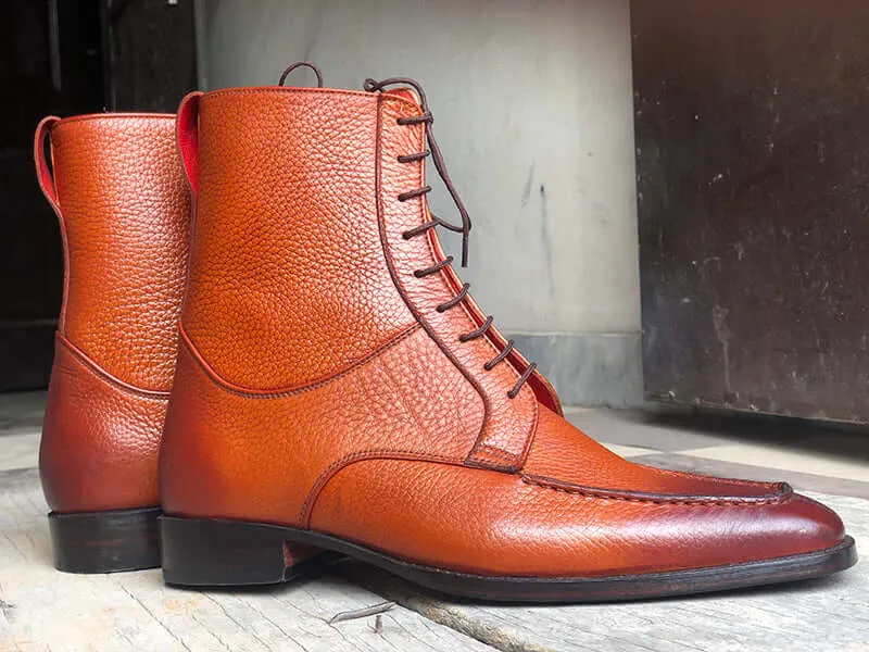 Bespoke Tan Tweed Leather Ankle High Lace Up Boot