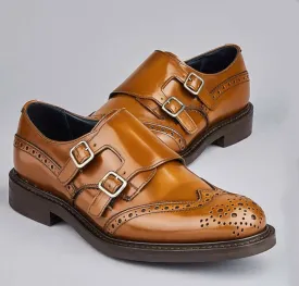 Bespoke Tan Wing Tip Shoes Double Monk Straps Leather Shoe, Men Shoes,Dress Shoes