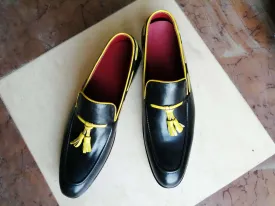 Bespoke Yellow & Black Tussle Loafer Leather Shoe for Men's