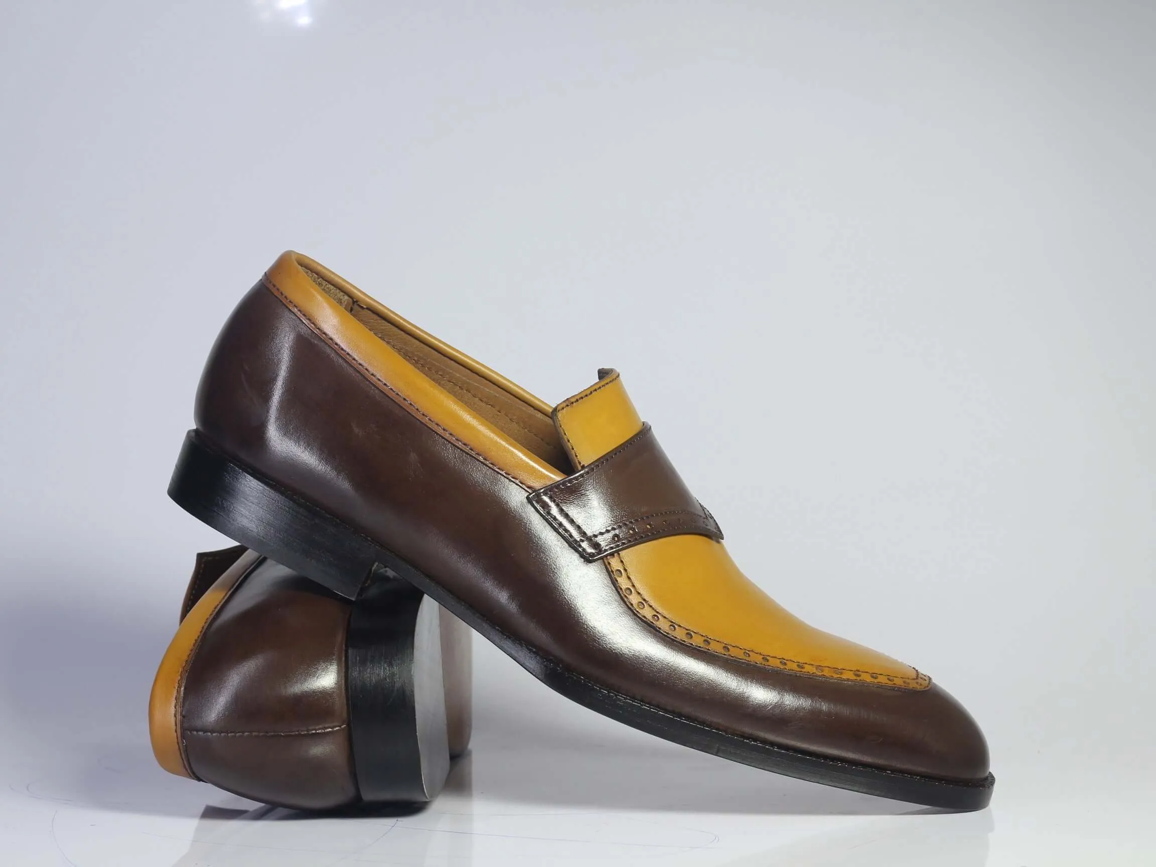 Bespoke Yellow Chocolate Brown Loafer Leather  Shoes for Men's