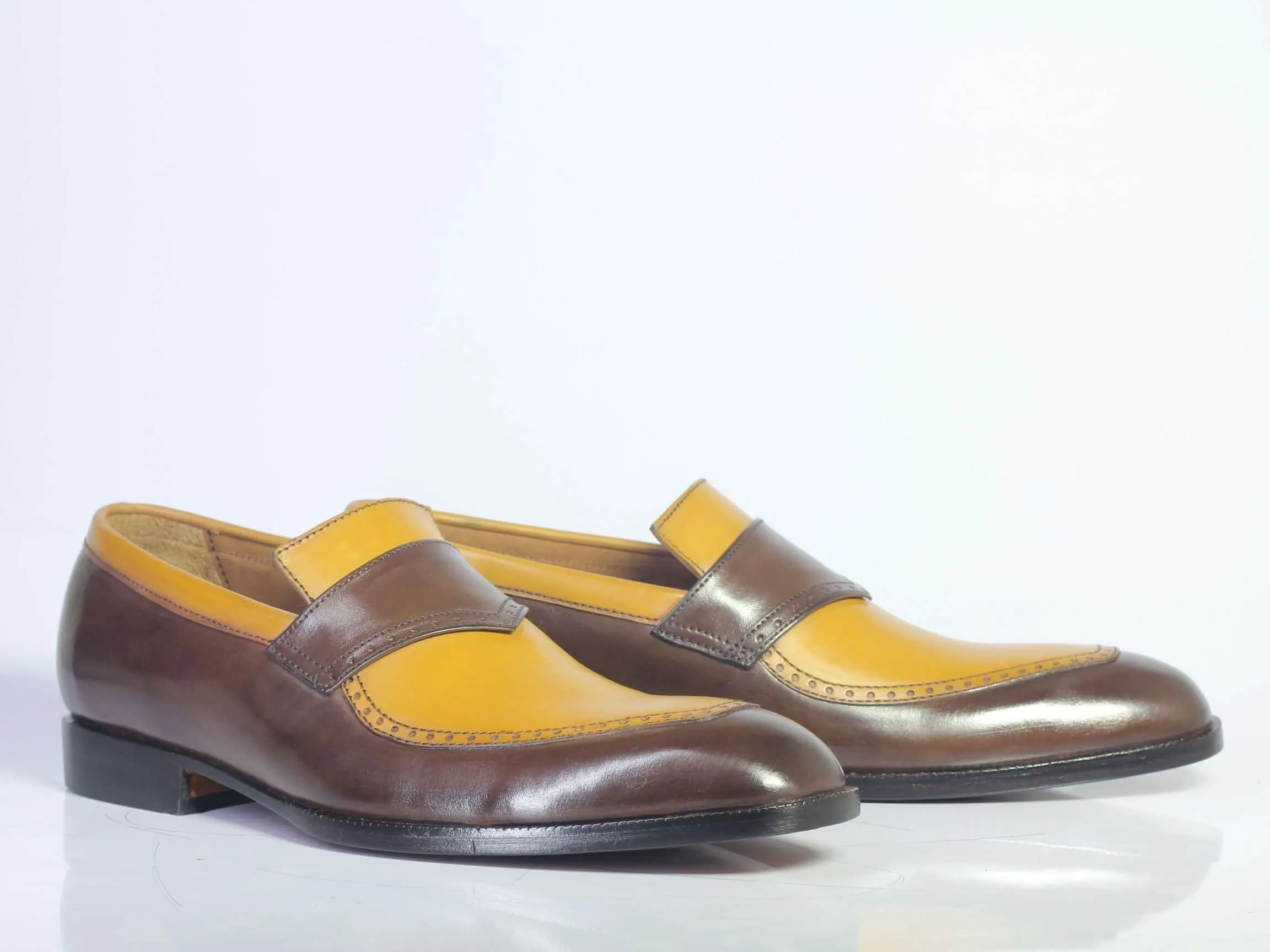 Bespoke Yellow Chocolate Brown Loafer Leather  Shoes for Men's