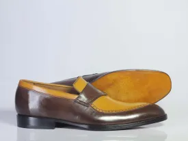 Bespoke Yellow Chocolate Brown Loafer Leather  Shoes for Men's