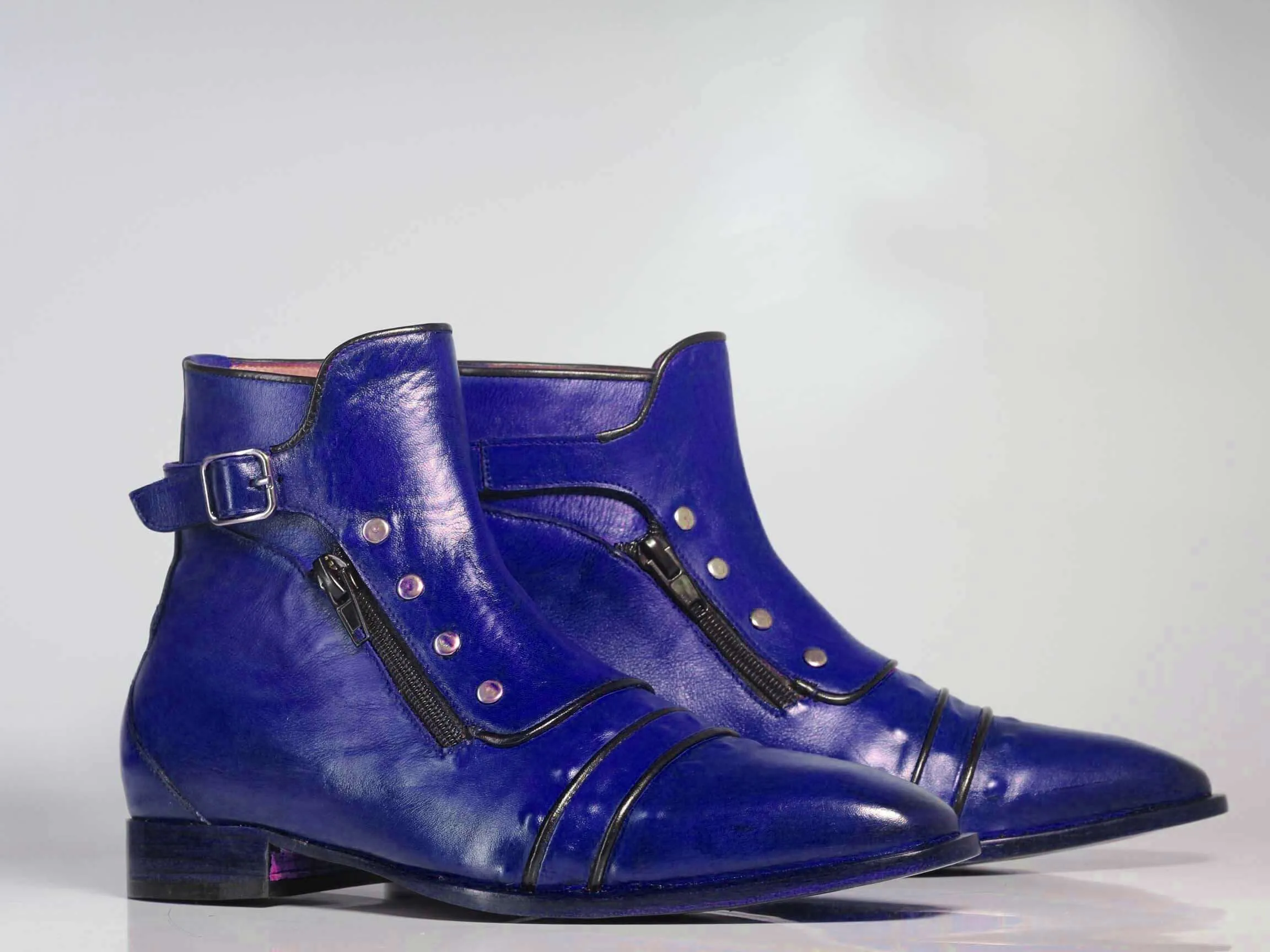 Blue Leather Zip Buckle Up Boots For Men's