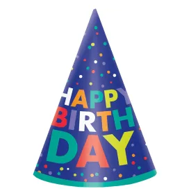 Bold Happy Birthday 8 Cone Paper Hats 6.25in