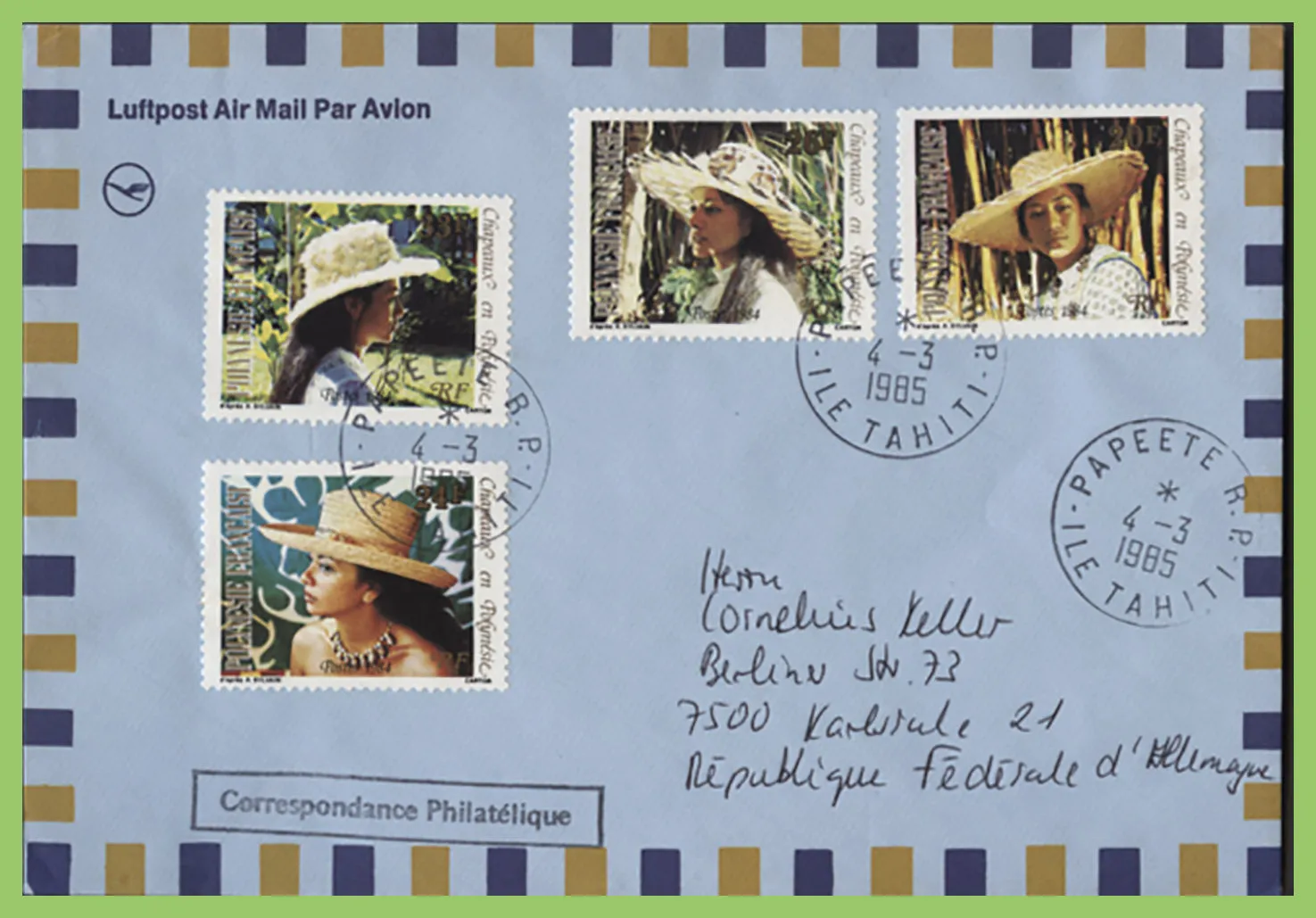 French Polynesia 1985 Hats set on airmail cover to Germany