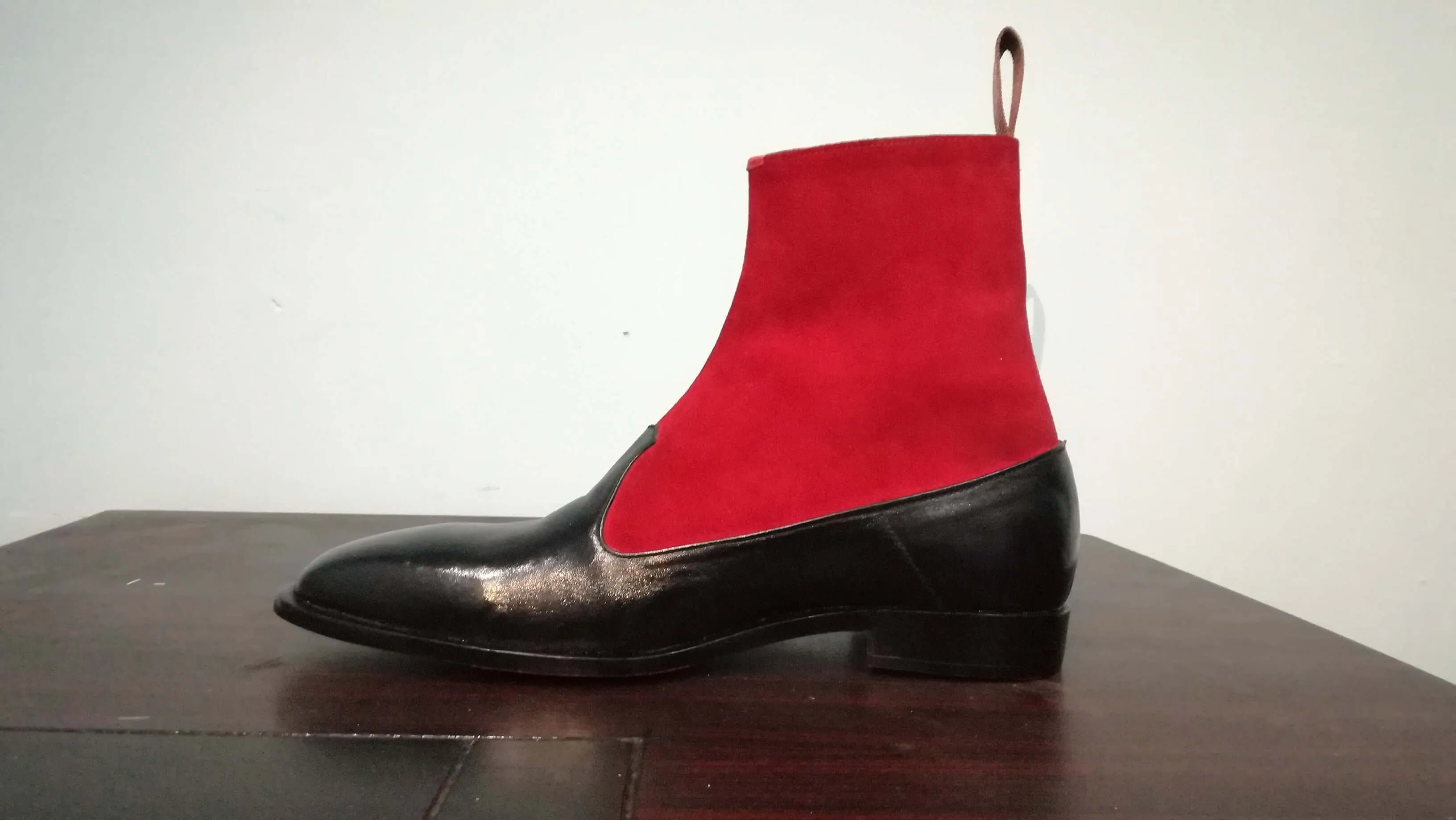 Handmade Black & Red Ankle Button Top Boot For Men's