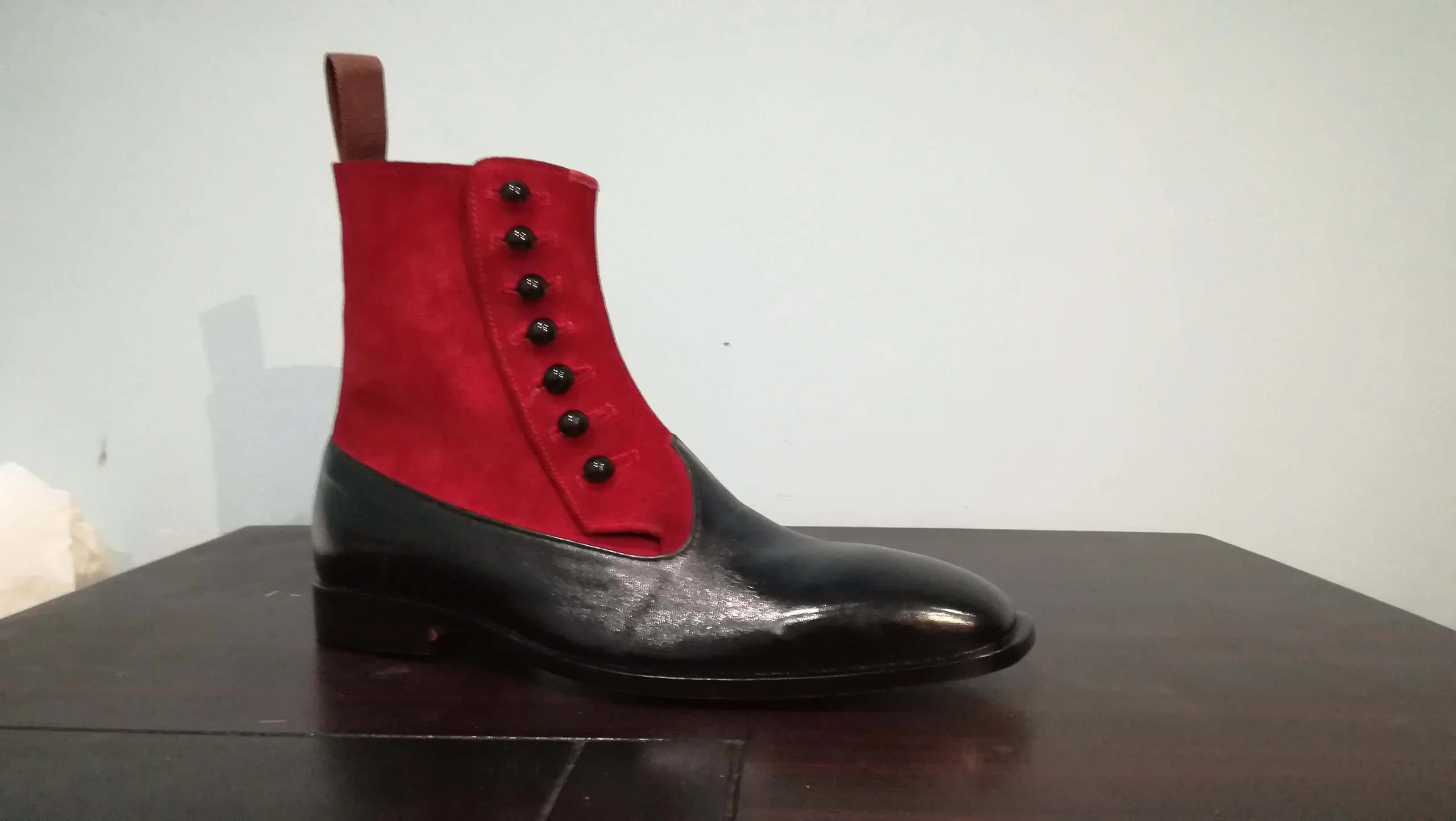 Handmade Black & Red Ankle Button Top Boot For Men's