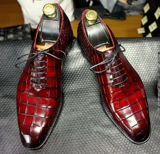 Handmade Burgundy Alligator Leather Lace Up Shoes for Men's