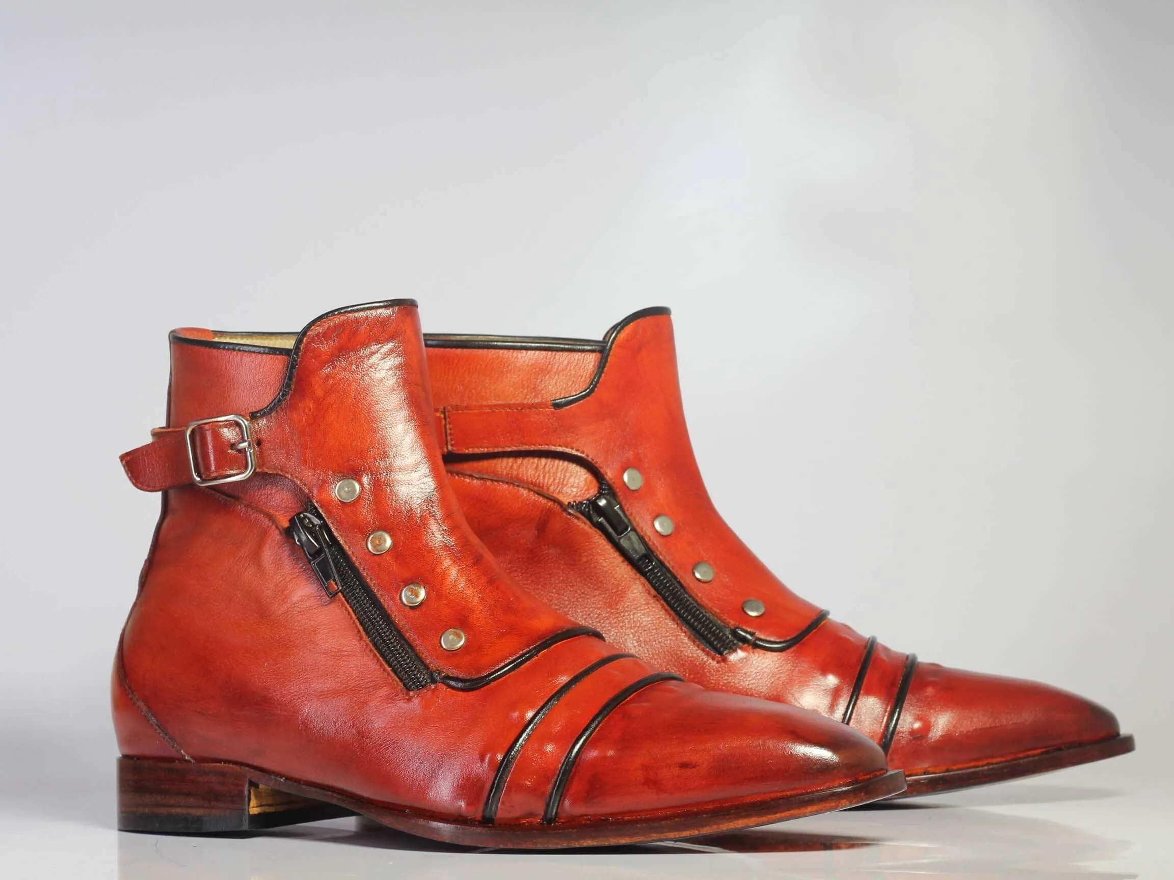 Handmade Burgundy Leather Zip Buckle Boots For Men's