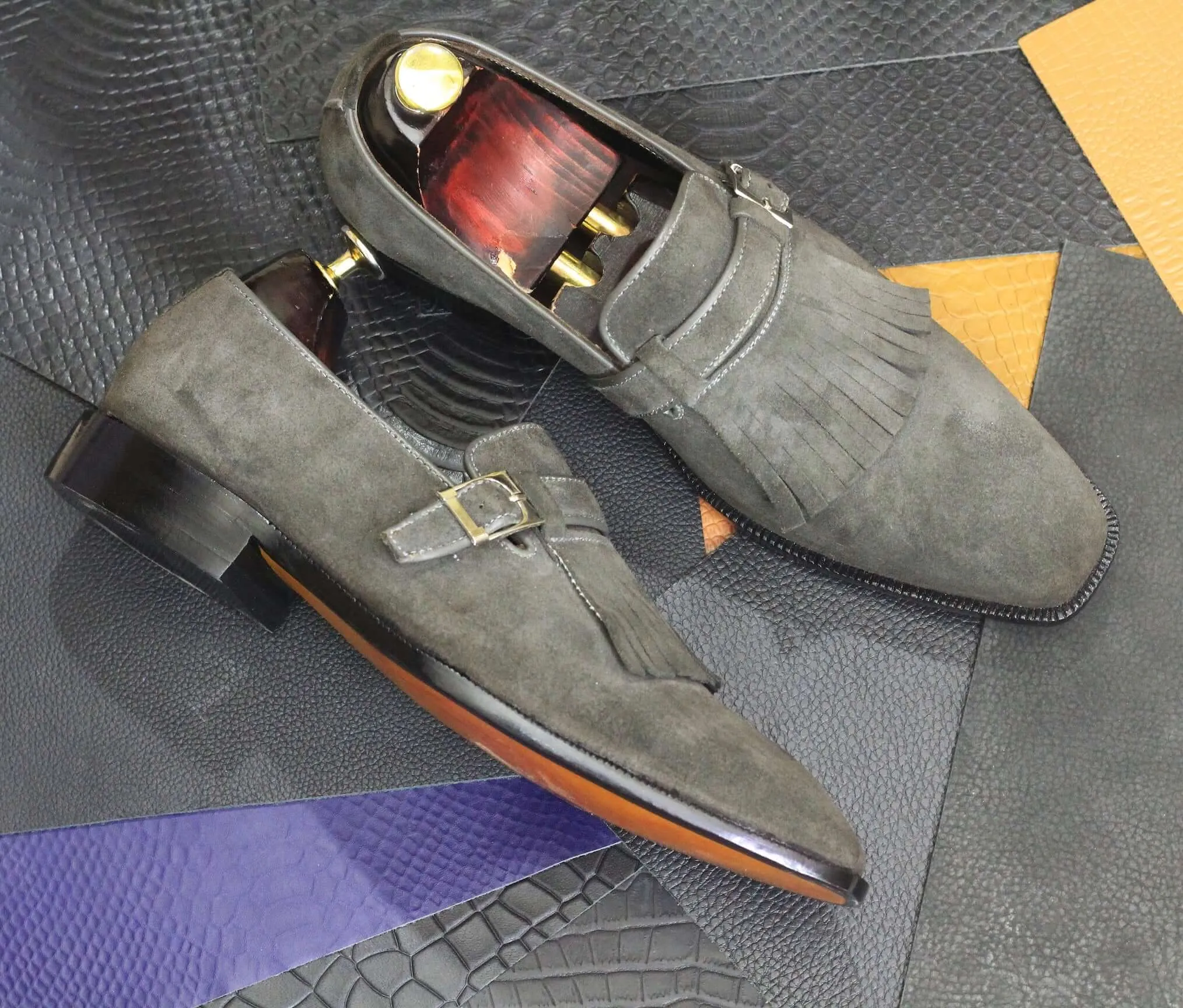 Handmade Gray Suede Monk Fringe Style Shoes  For Men's