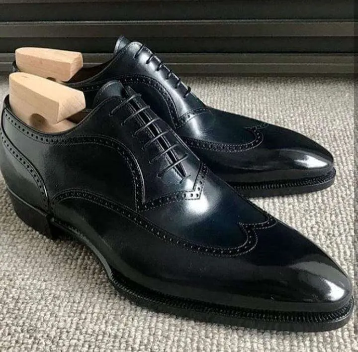 Handmade Men's Black Leather Lace Up Wing Tip Shoe