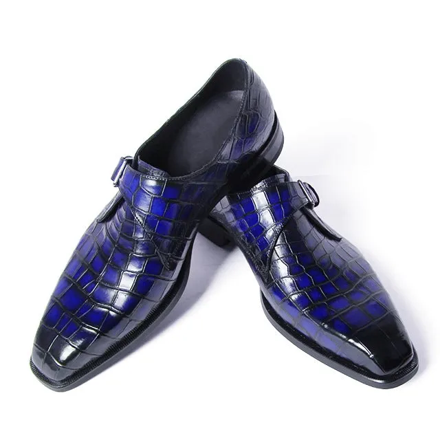 Handmade Men's Blue Alligator Monk Strap Slip On Loafer Formal Business Dress Shoes