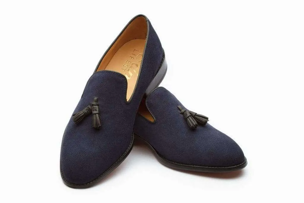 Handmade Men's Blue Suede Slip On Tussles Shoe