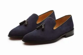 Handmade Men's Blue Suede Slip On Tussles Shoe