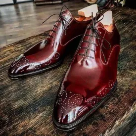 Handmade Men's Burgundy Leather Brogue Shoes