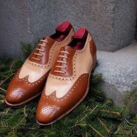 Handmade Men's Leather Brown Beige Wing Tip Brogue Shoes