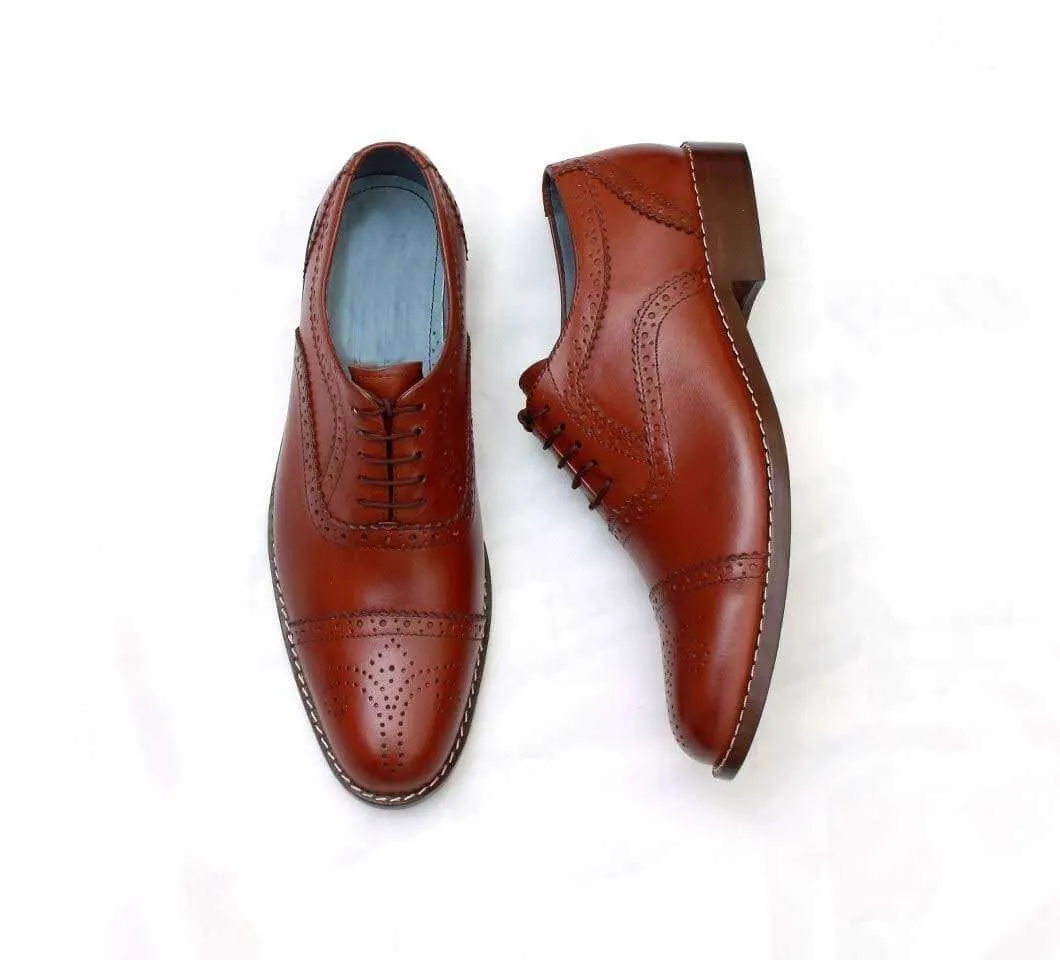 Handmade Men's Leather Burgundy Cap Toe Brogue Shoes