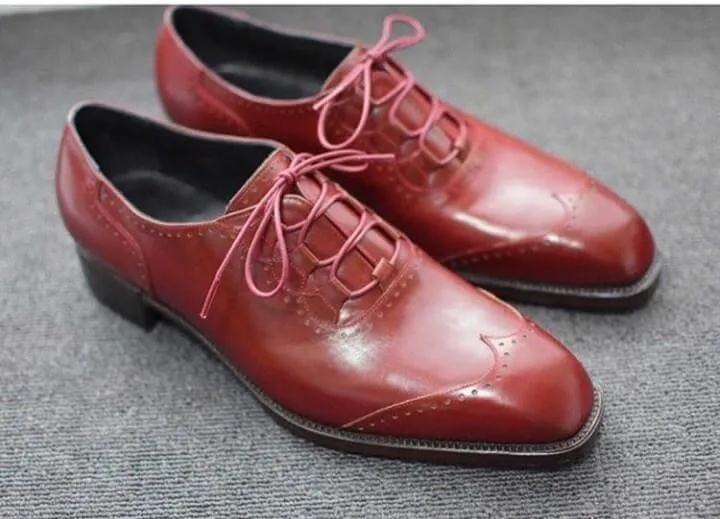 Handmade Men's Leather Burgundy Wing Tip Shoes