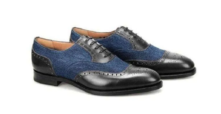 Handmade Men's Navy Blue Black Leather Suede Brogue Shoes