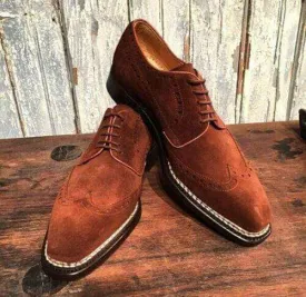 Handmade Men's Suede Brown Wing Tip Shoes