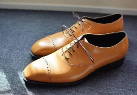 Handmade Men's Tan Leather Lace Up Shoes