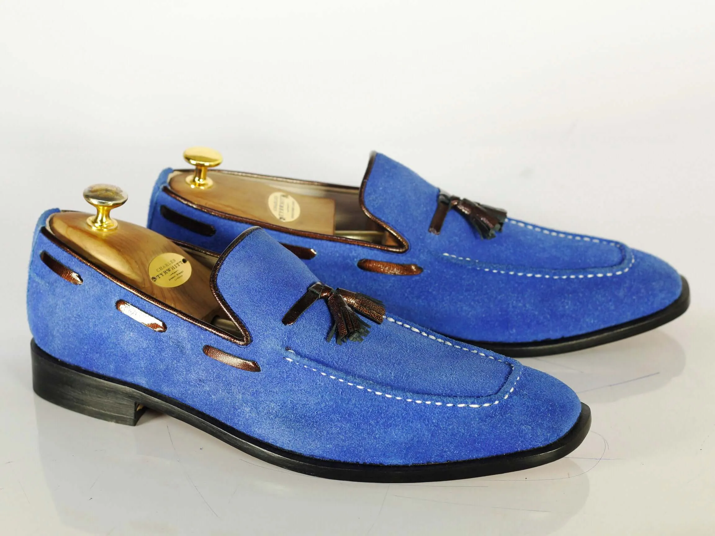 Handmade Royal Blue Suede Moccasins Loafer Shoes