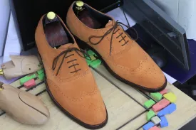 Handmade Tan Suede Shoes, Wing Tip Style Lace Up Shoes, Dress Shoes ,