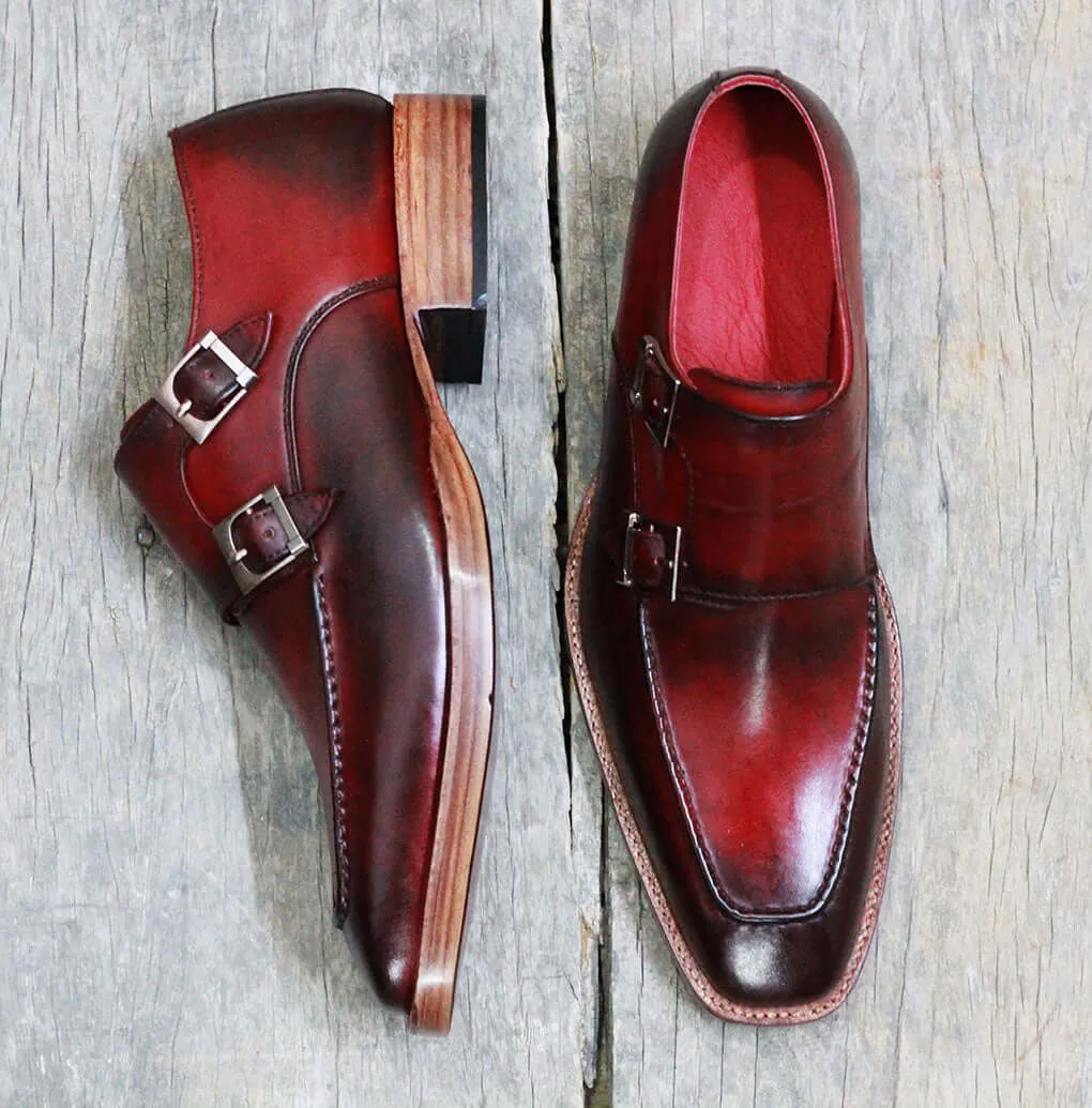 Handmade Tone Burgundy Leather shoes, Men's Double Monk Formal Shoes