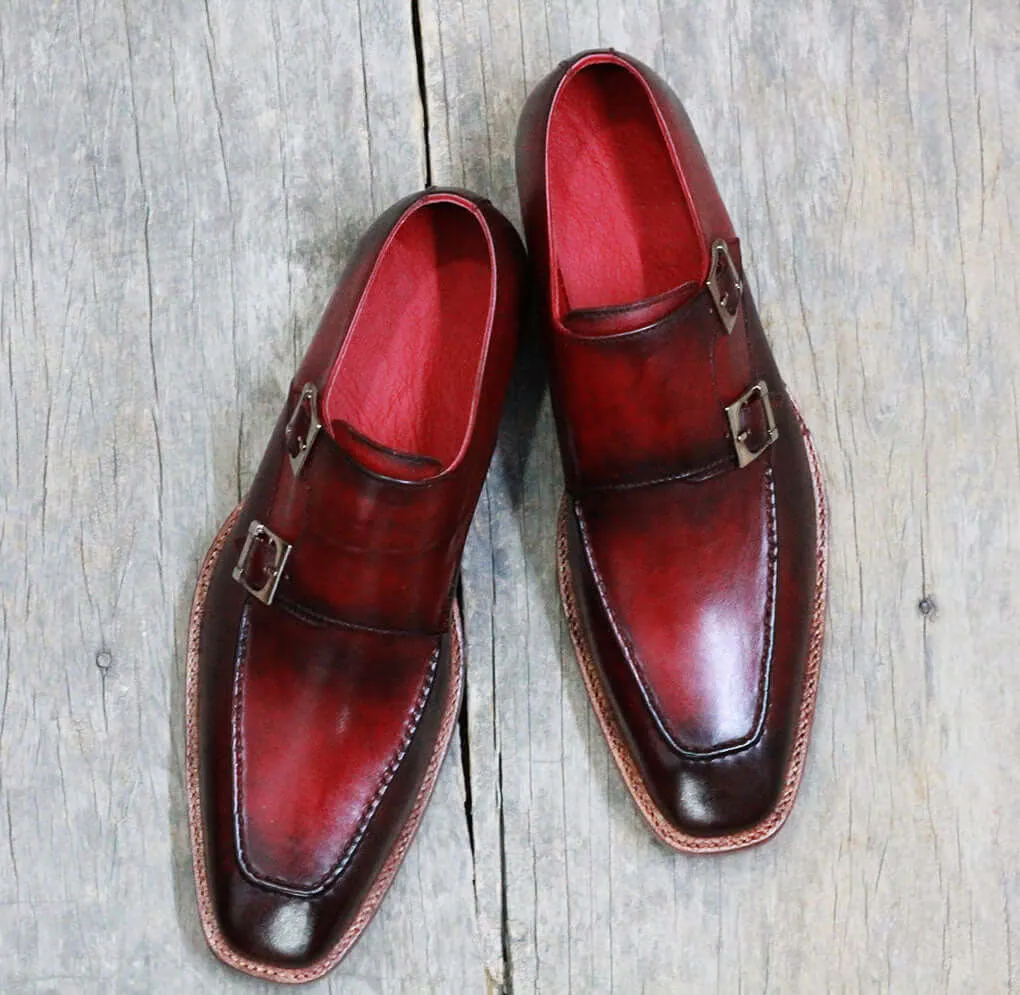 Handmade Tone Burgundy Leather shoes, Men's Double Monk Formal Shoes