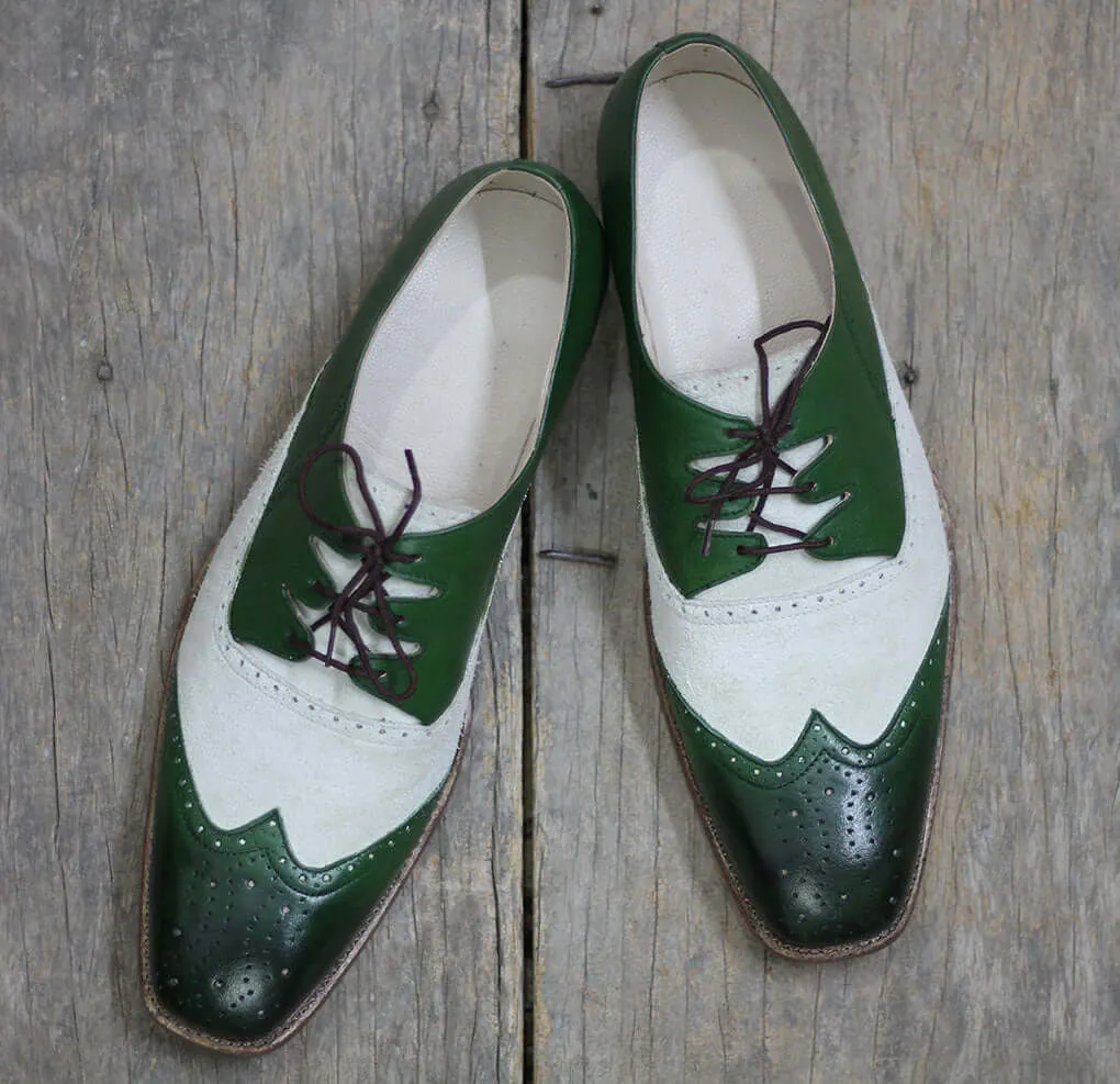 Handmade White & Green Wing Tip Brogue Leather Lace Up Shoes For Men's