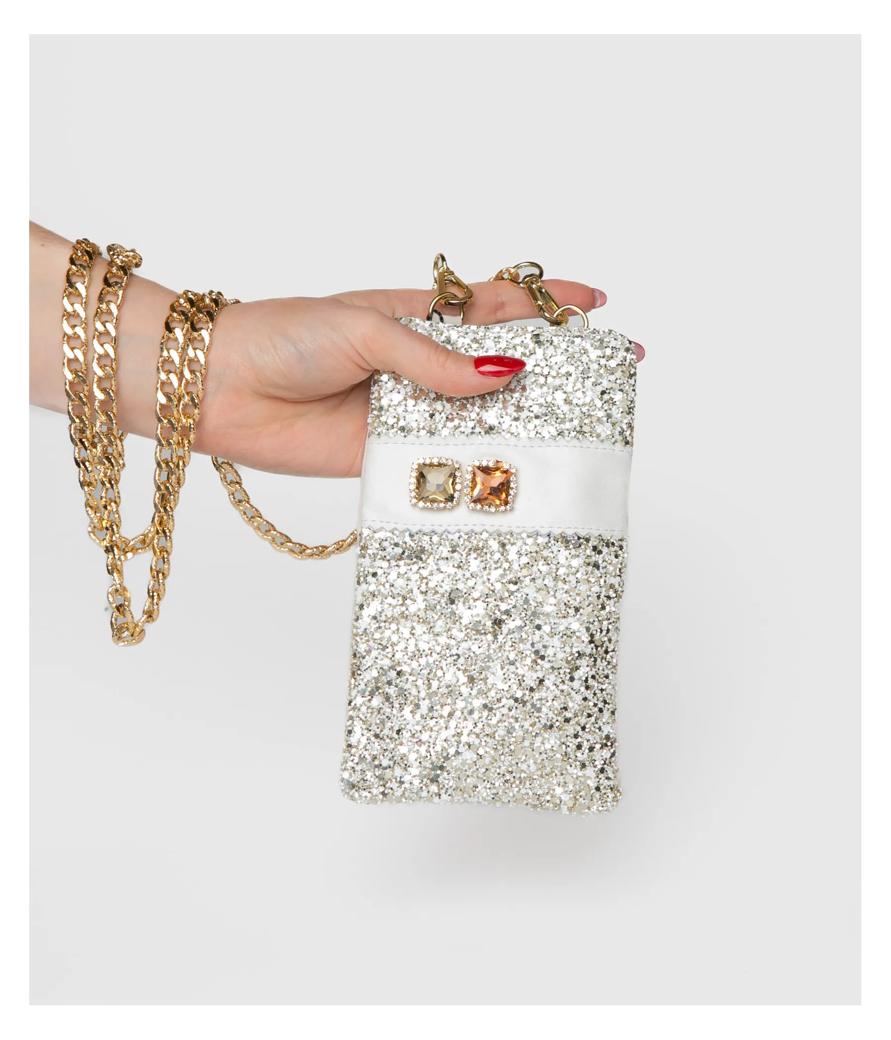 JENNY GLITTER SMARTPHONE POUCH WITH RHINESTONES - PLATINUM/OFF WHITE