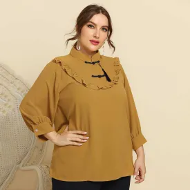 KittenAlarm - Plus Size Women Retro Style Stand Collar Ruffle Trim Solid Color Casual Shirt Top Blouse