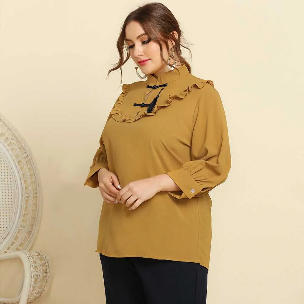 KittenAlarm - Plus Size Women Retro Style Stand Collar Ruffle Trim Solid Color Casual Shirt Top Blouse