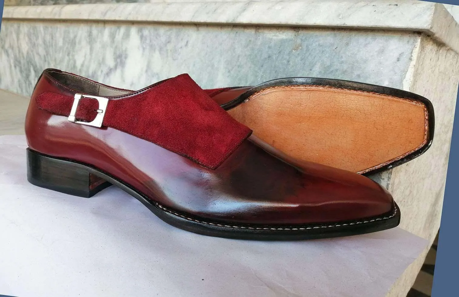 Leather Suede Shoes Burgundy Monk Strap Casual Shoes