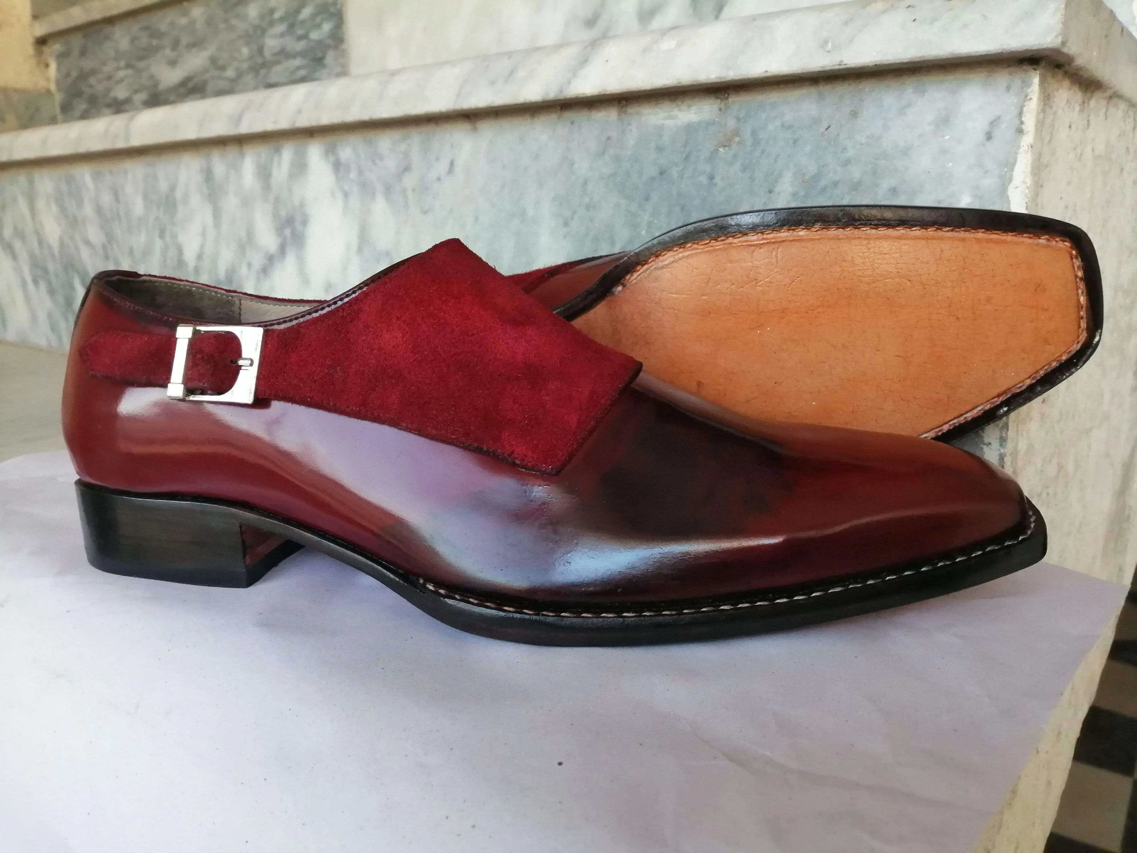 Leather Suede Shoes Burgundy Monk Strap Casual Shoes