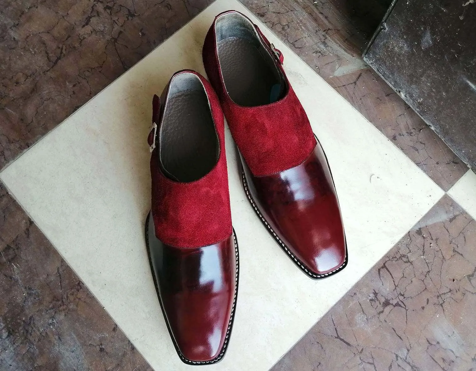 Leather Suede Shoes Burgundy Monk Strap Casual Shoes