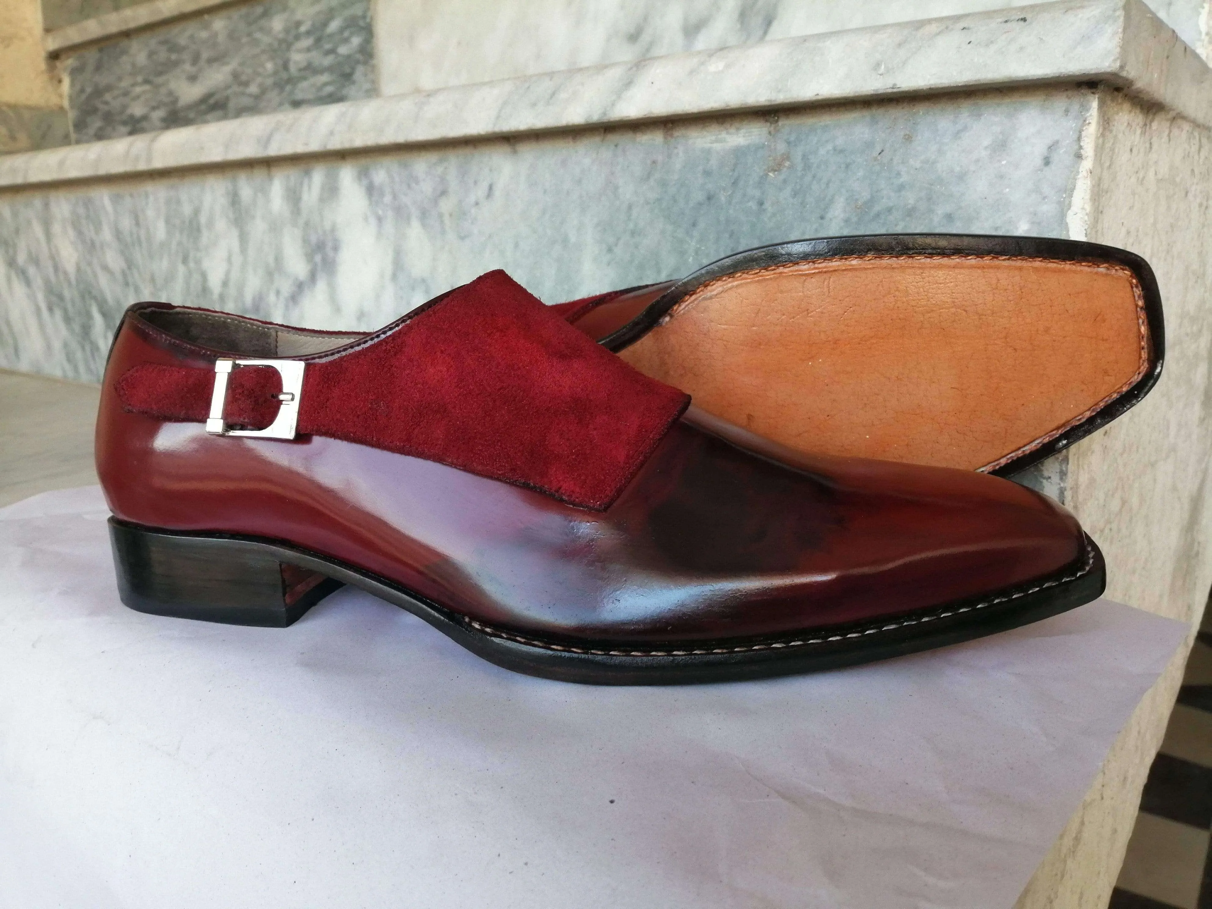 Leather Suede Shoes Burgundy Monk Strap Casual Shoes