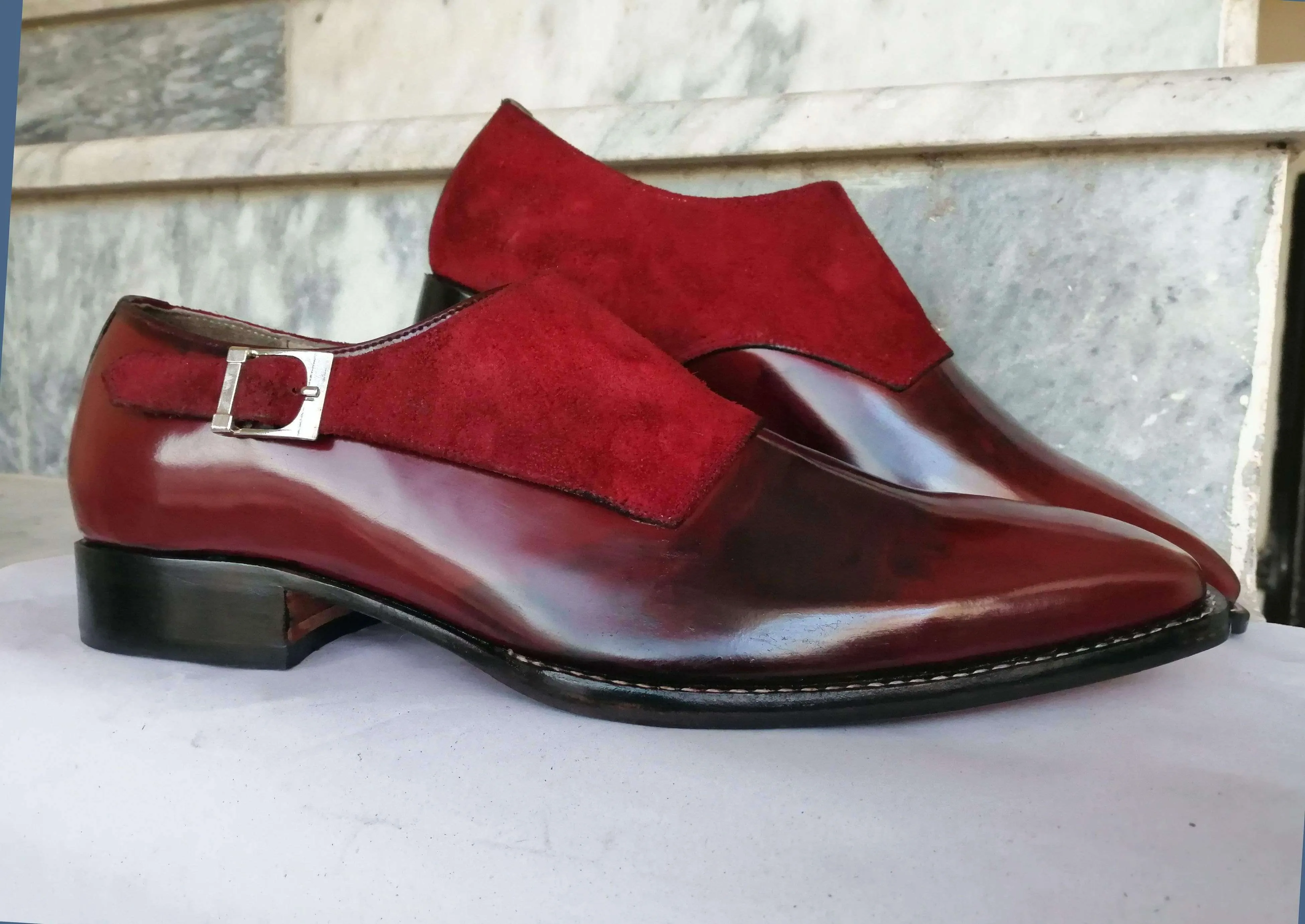 Leather Suede Shoes Burgundy Monk Strap Casual Shoes