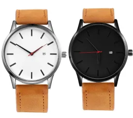 Men 2 Piece Set Quartz Casual Leather Wristband Watches