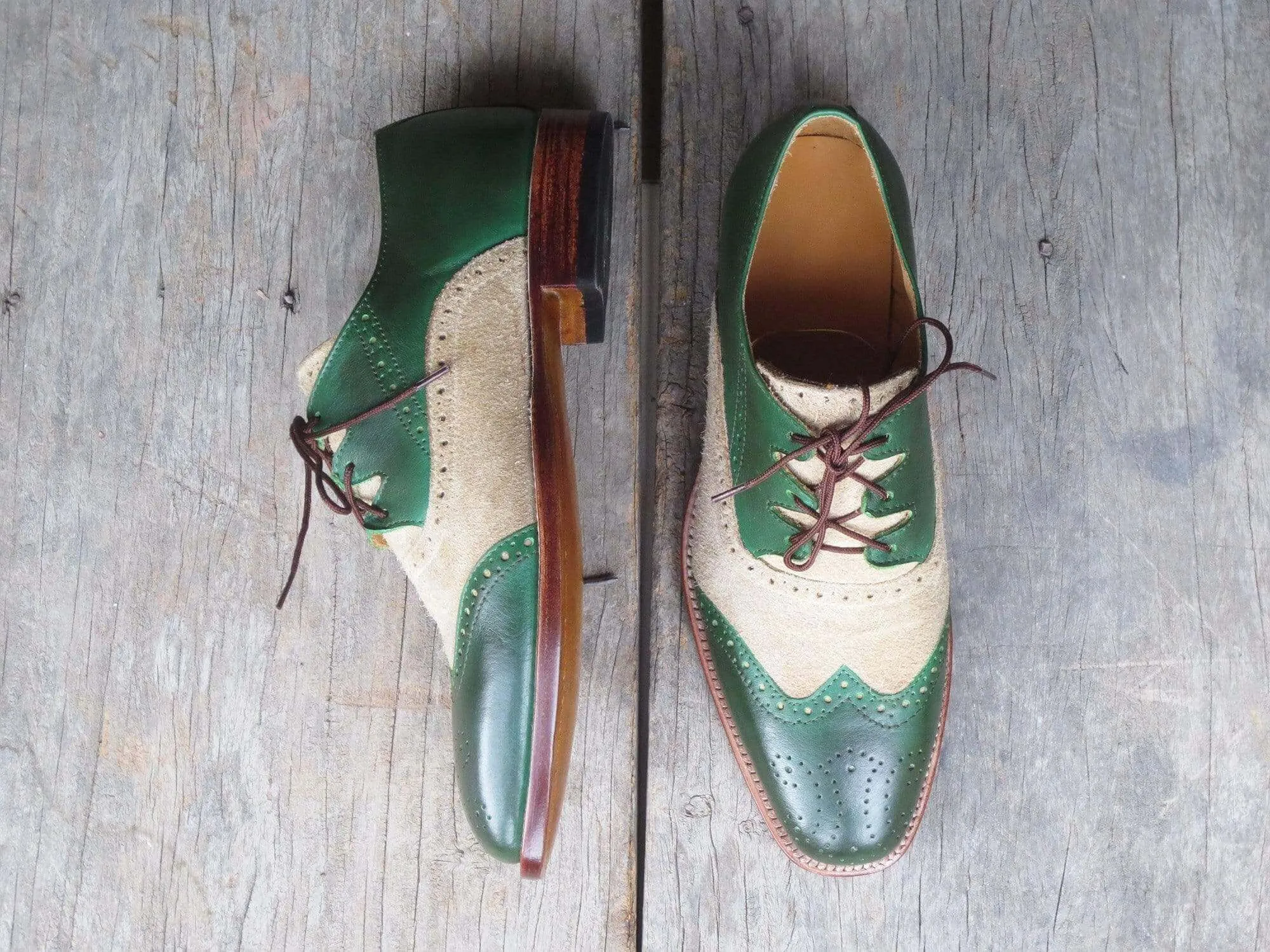 Men's Beige Green Leather Suede Wing Tip Brogue Shoes