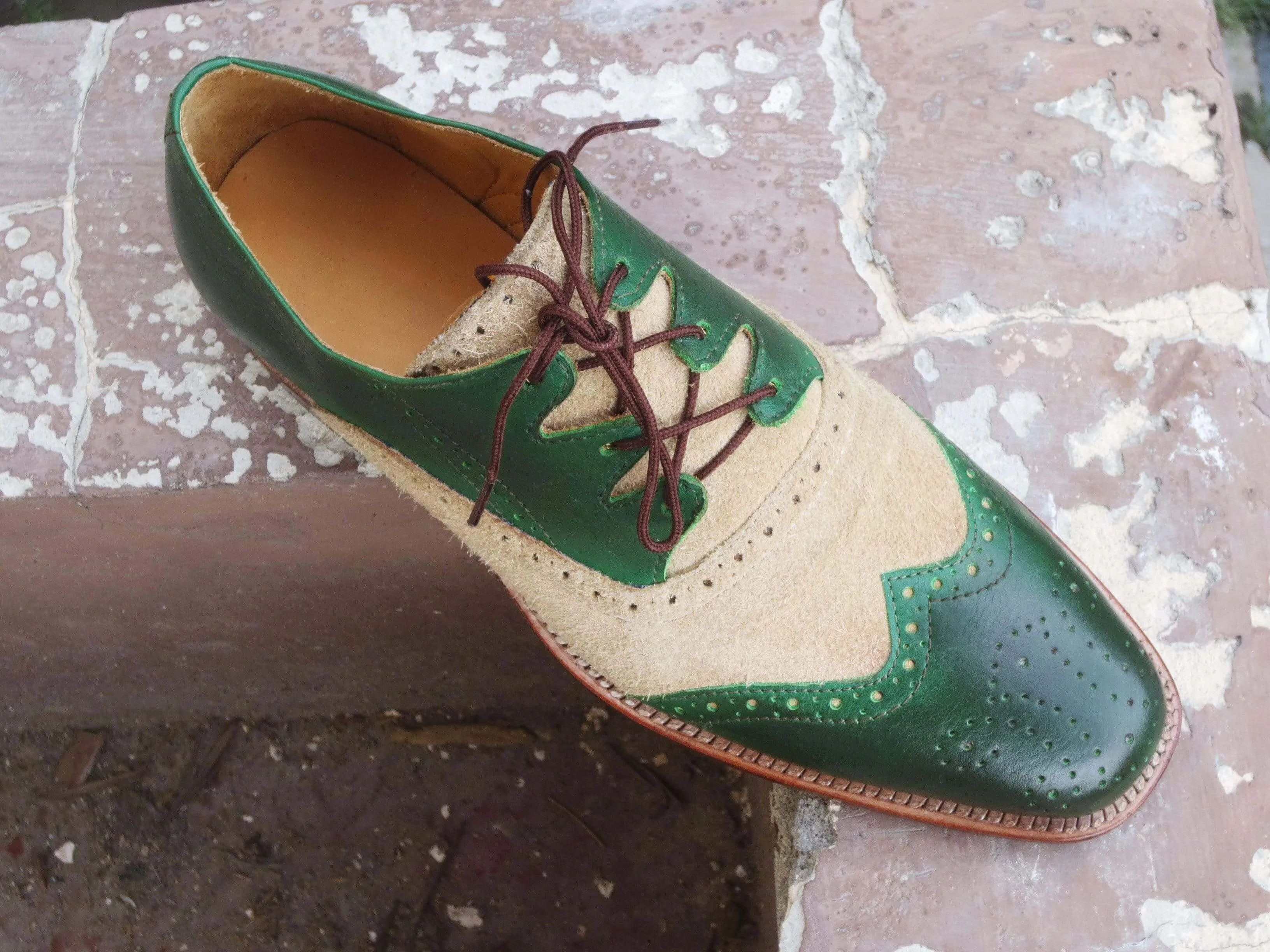 Men's Beige Green Leather Suede Wing Tip Brogue Shoes