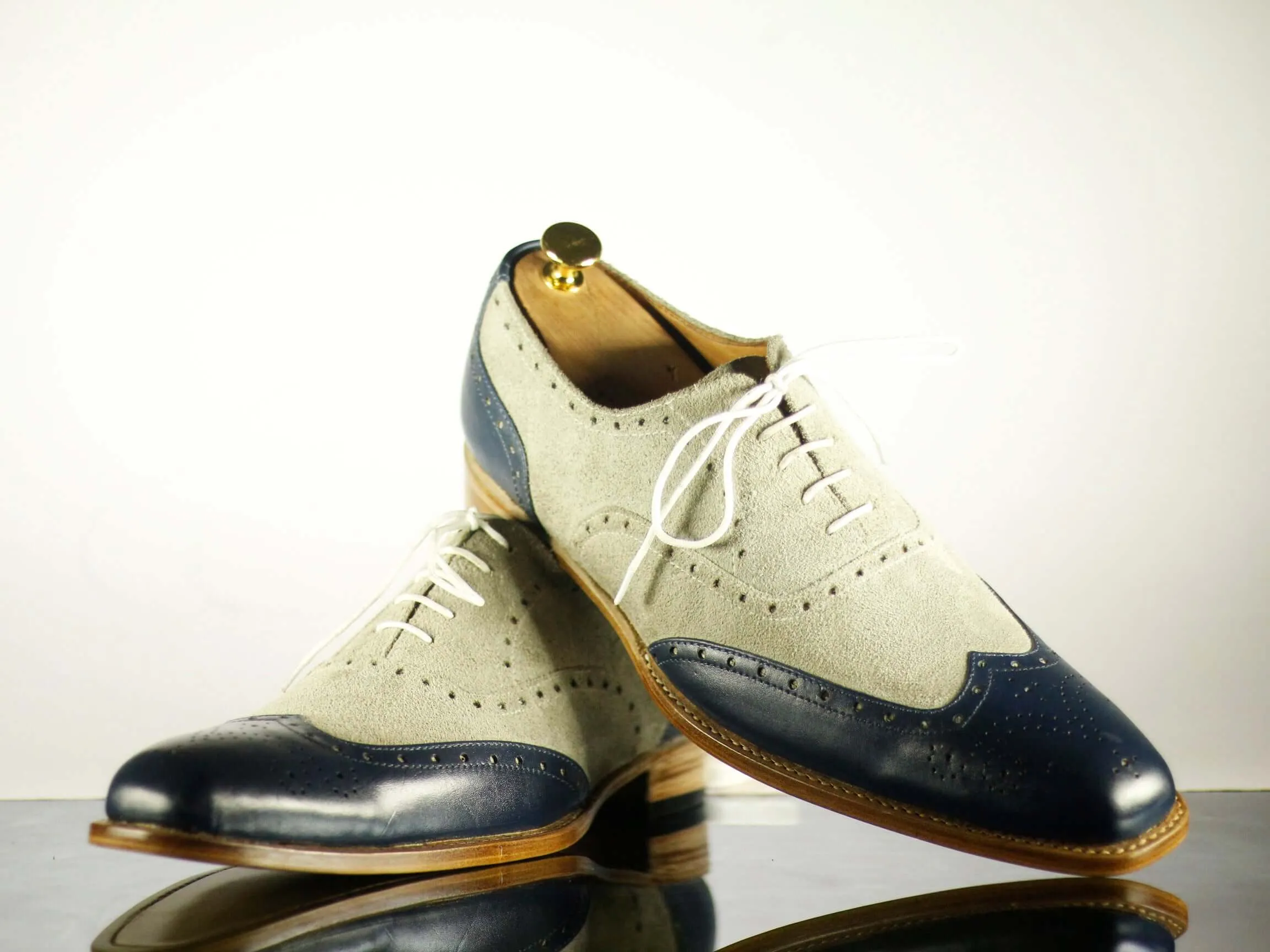 Men's Blue Gray Leather Suede Lace Up Shoes,Handmade Dress Shoes