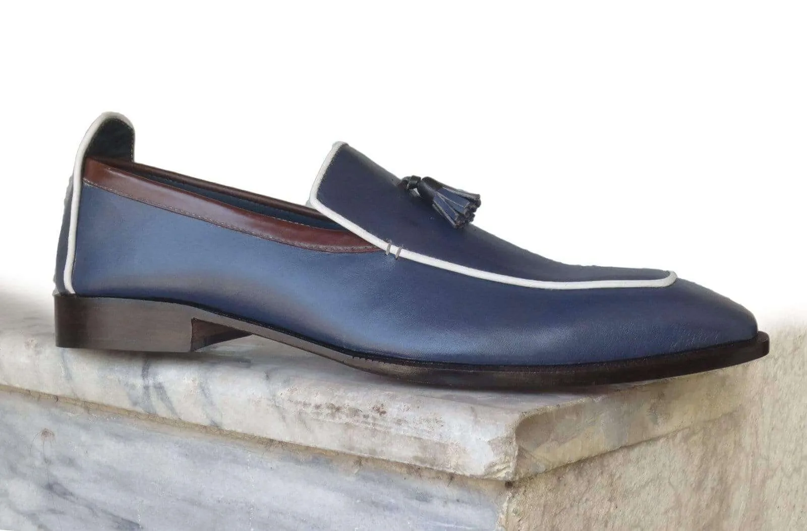 Men's Blue Leather Square Toe Slip On Tussles Shoe