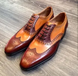 Men’s Brown Tan Color Leather Shoes, Wing Tip Brogue Dress Formal Shoes