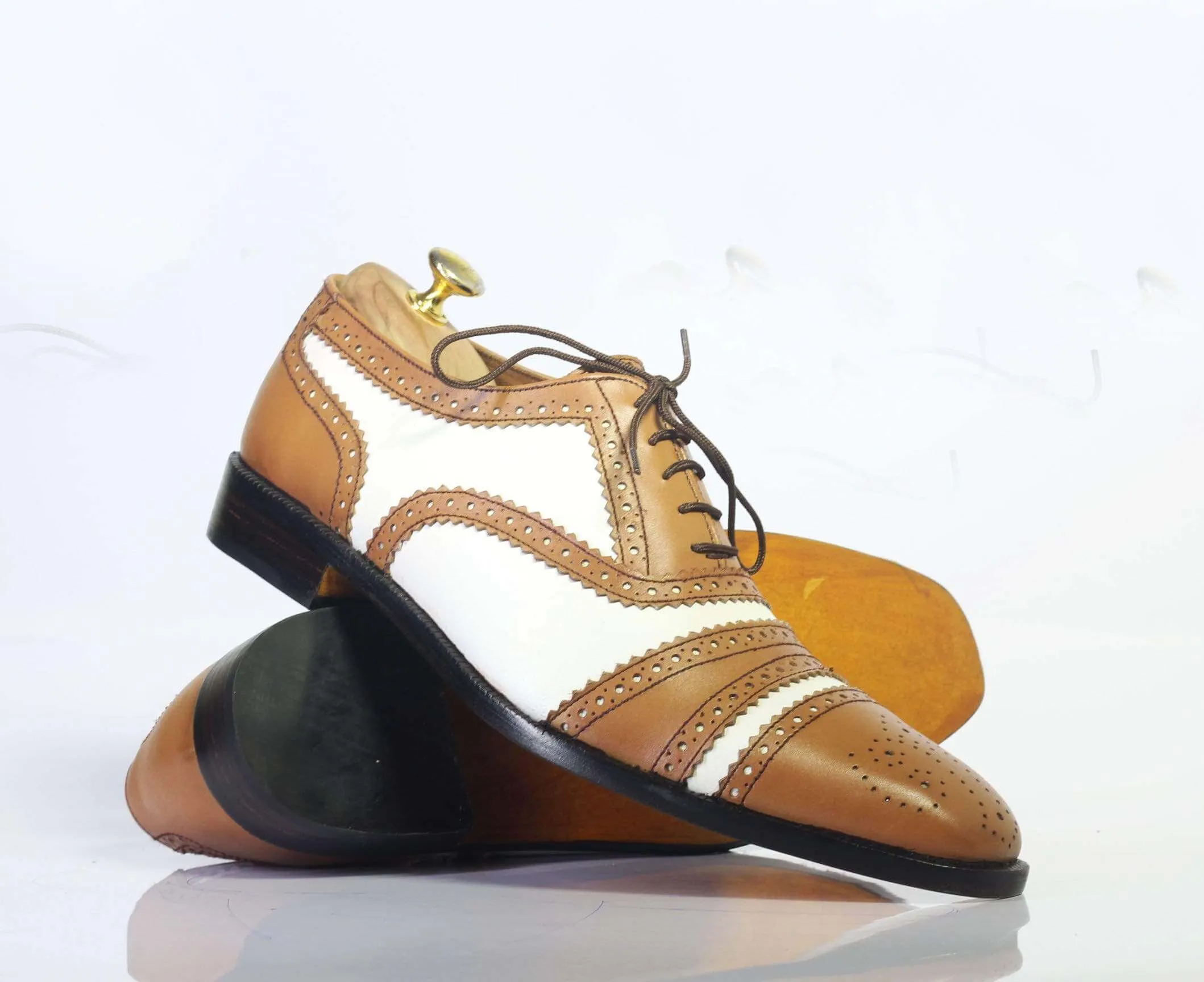 Men's Brown White Cap Toe Lace Up Leather Shoe