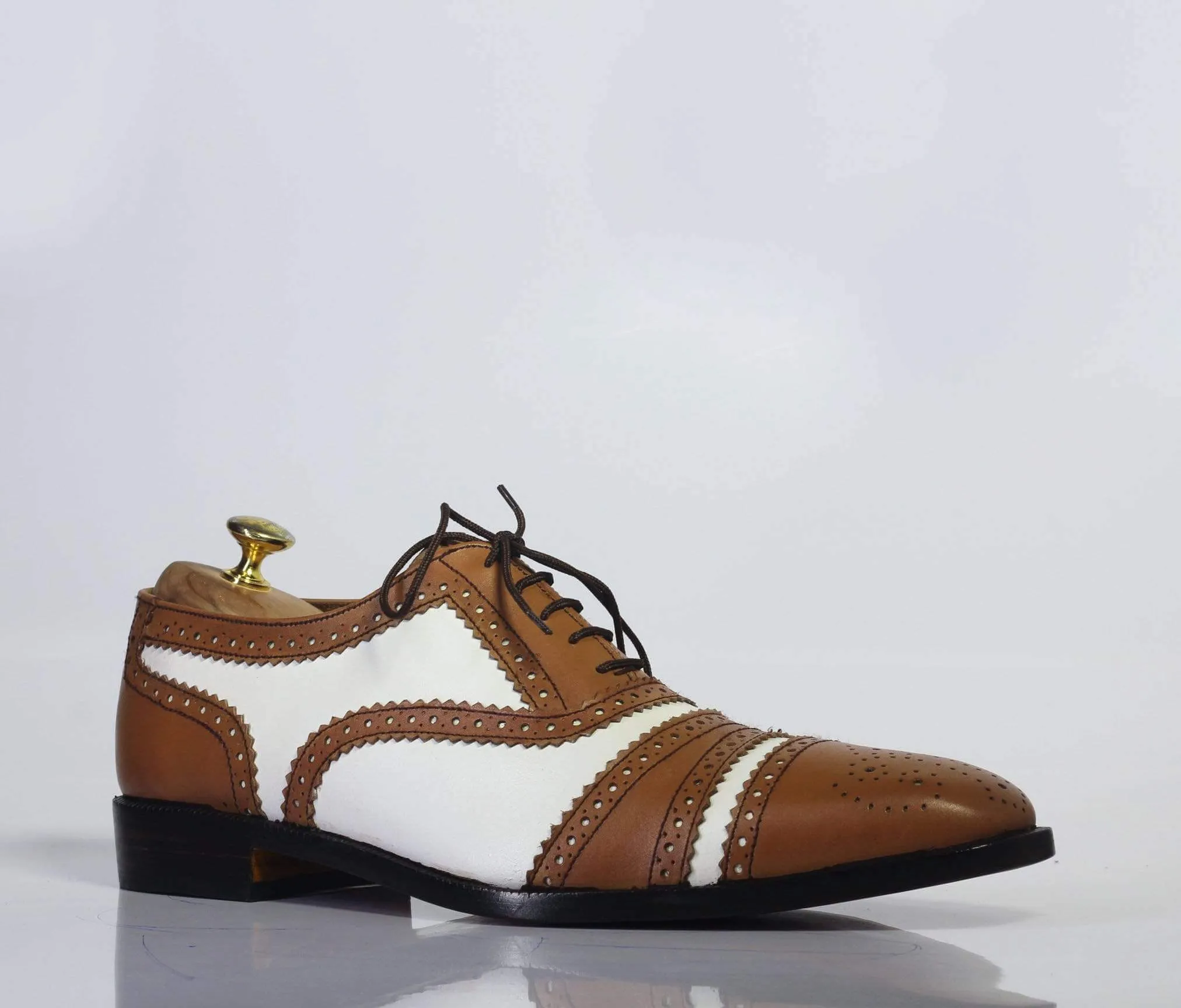 Men's Brown White Cap Toe Lace Up Leather Shoe