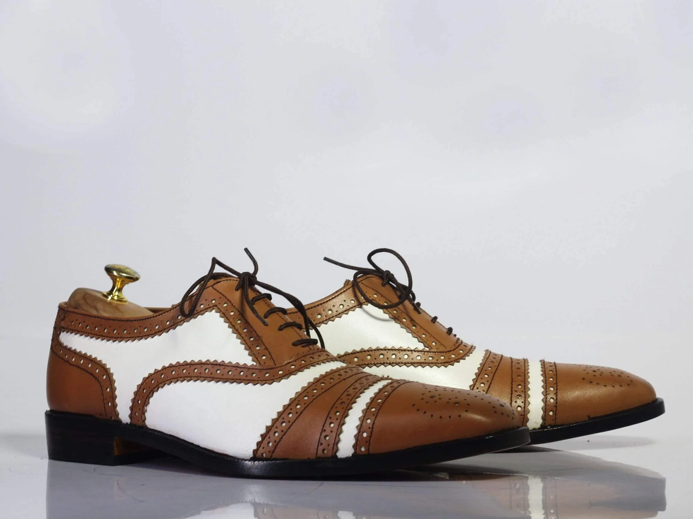 Men's Brown White Cap Toe Lace Up Leather Shoe